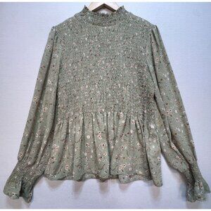 Ophelia Roe Womens Ruched Smock Neck Blouse Stretch Size Large Green Long Sleeve